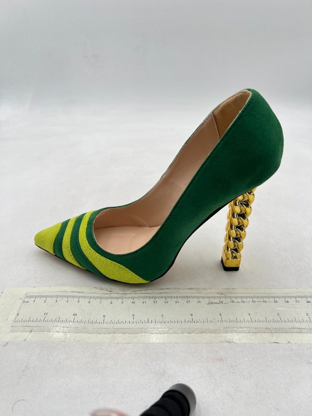 FSJ Green-rainbow Gold Metal Chain Chunky High Heel Pointed Toe Slip On Pumps - Picture 2 of 8